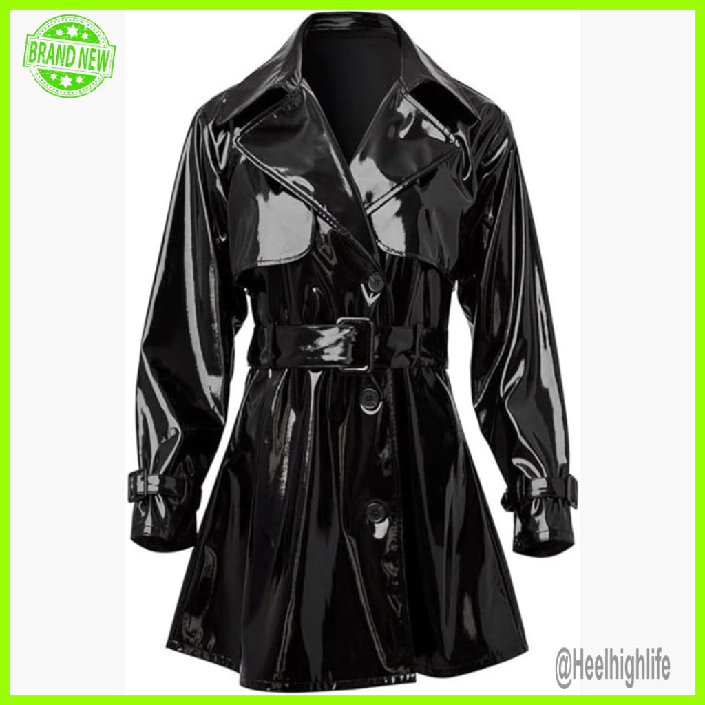 Women's Pvc Leather Trench Coat Long Sleeve Button Closure Belted